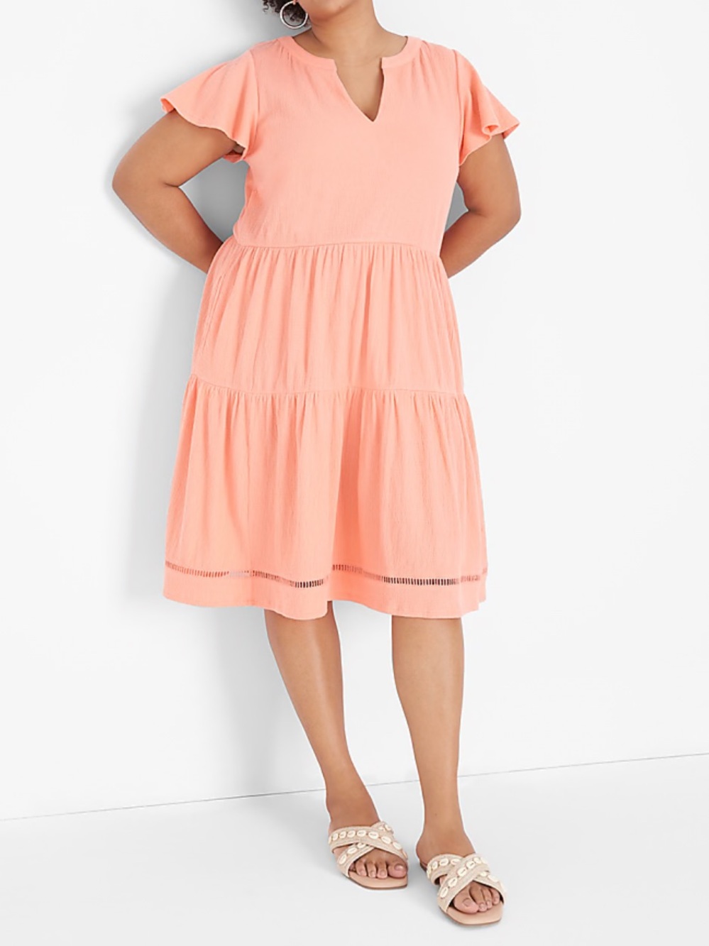 Lane Bryant Flutter-Sleeve Tiered Swing Dress - Coral - 18/20